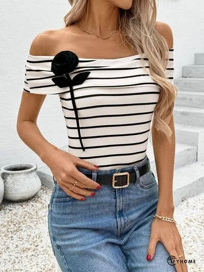 Perfee Striped Off-Shoulder Short Sleeve T-Shirt | IFYHOME