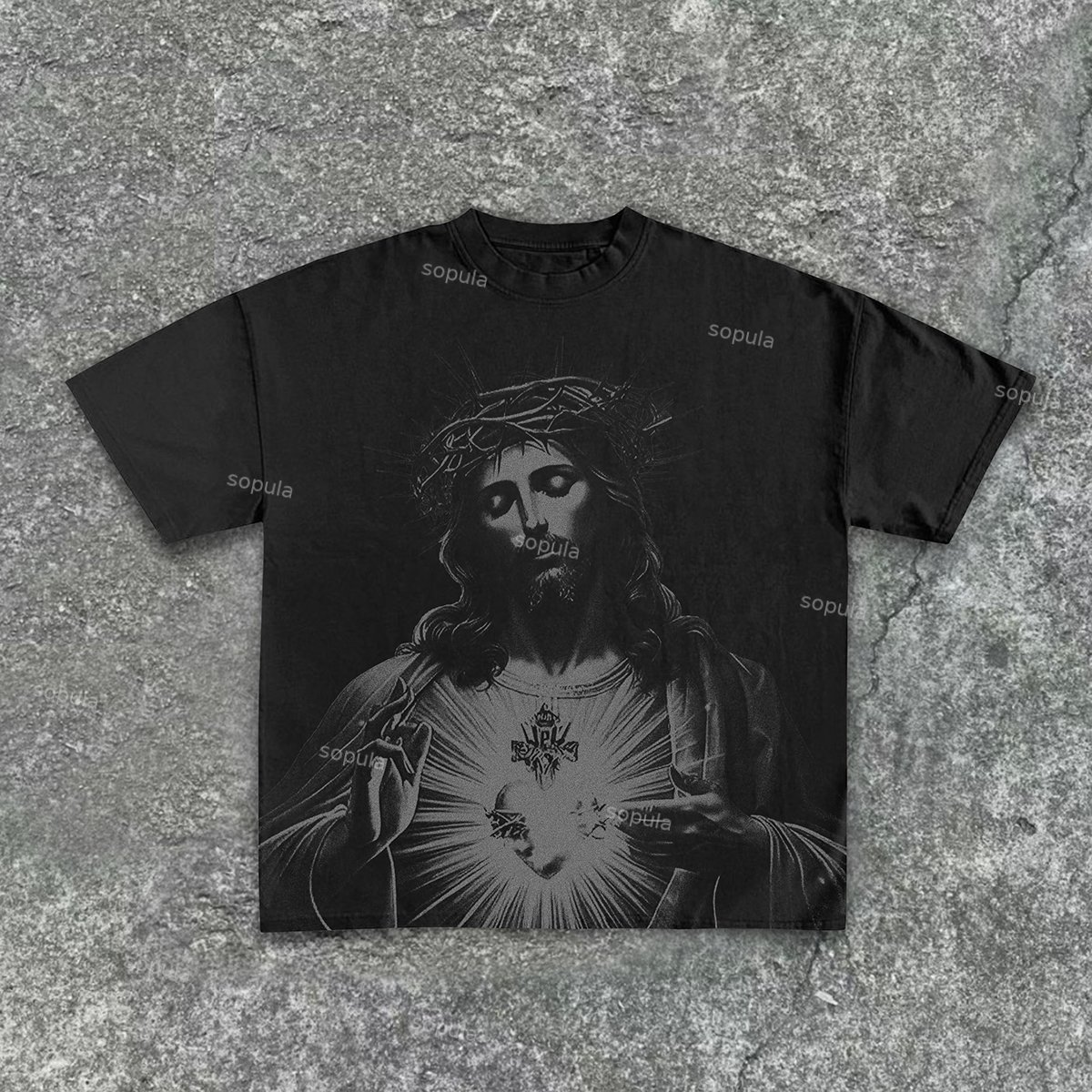 Vintage Jesus Print Round Neck Cotton T-Shirt