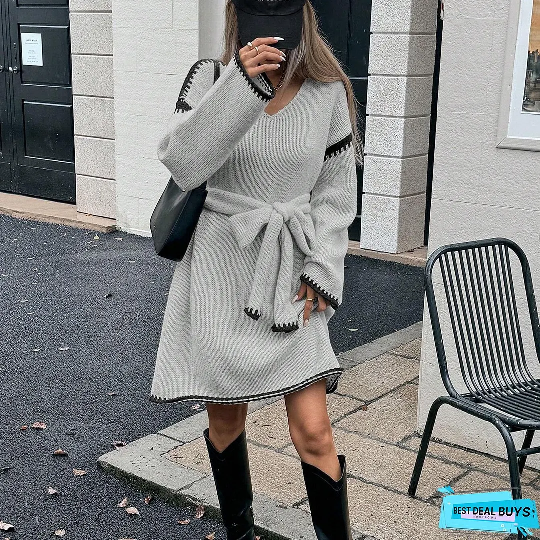 Womens Elegant V-Neck Sweater Dress Long Sleeve Loose Fit with Belt Chic Office Party