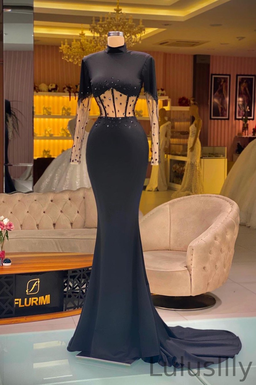 Elegant Black High Neck Long Sleeves Mermaid Ball Dresses With Beads Online - lulusllly