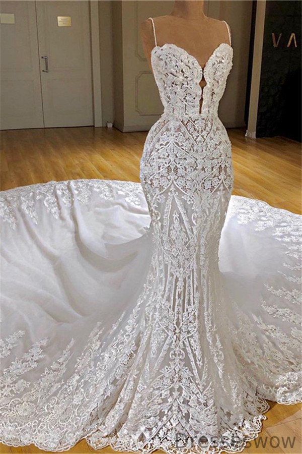 Dresseswow Glamorous Spaghetti-Straps Lace Mermaid Wedding Dress With Train Appliques