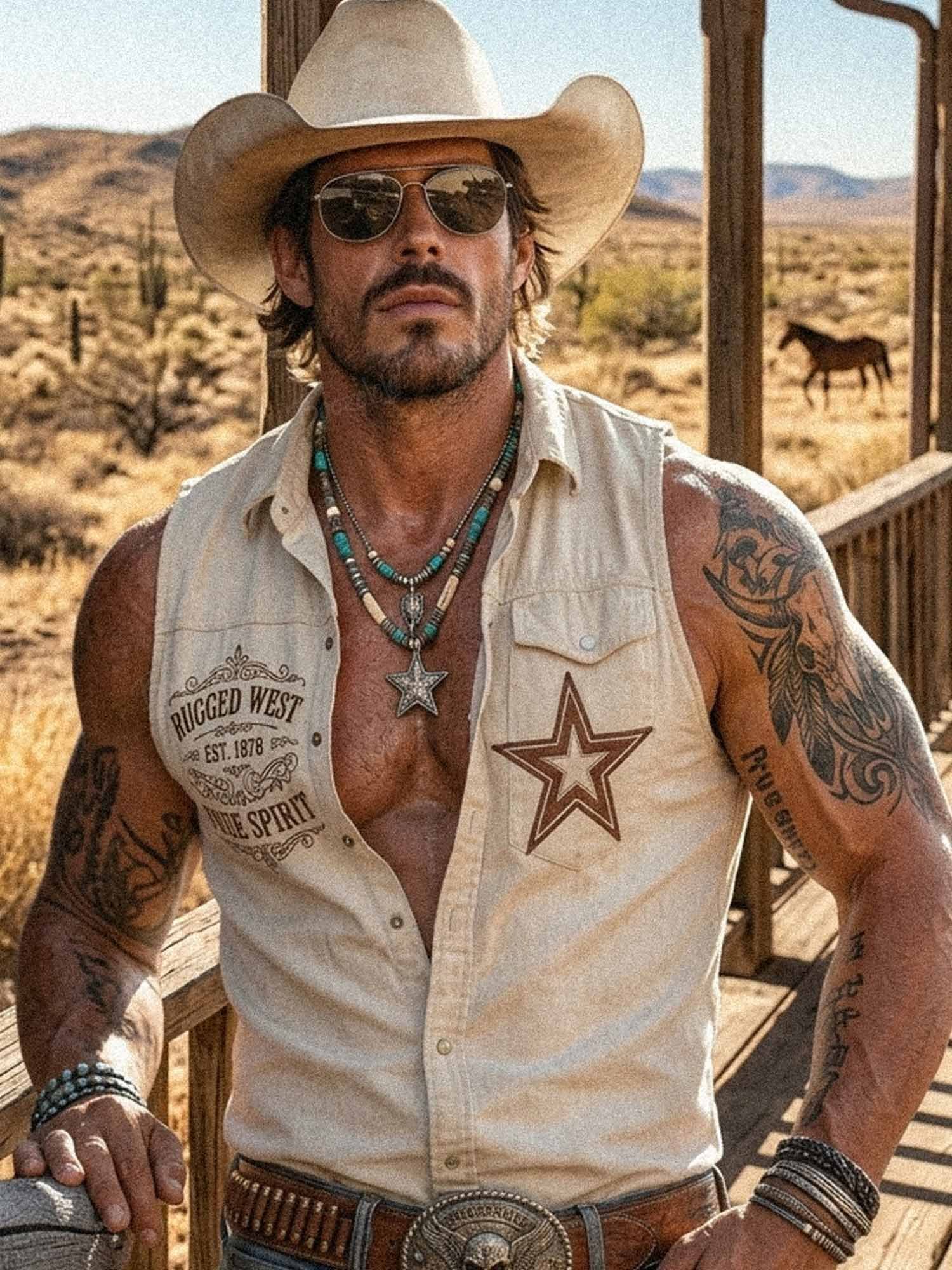 Rugged West Cowboy - Men'S 100% Cotton Sleeveless Shirt