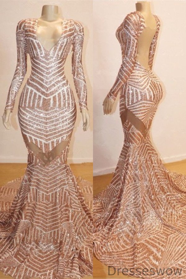 Dresseswow Long Sleeves Mermaid Prom Dress Sequins Backless