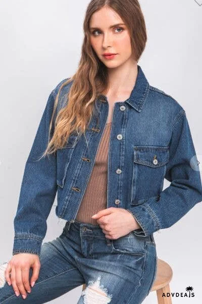 LOVE TREE Raw Hem Button Up Cropped Denim Jacket