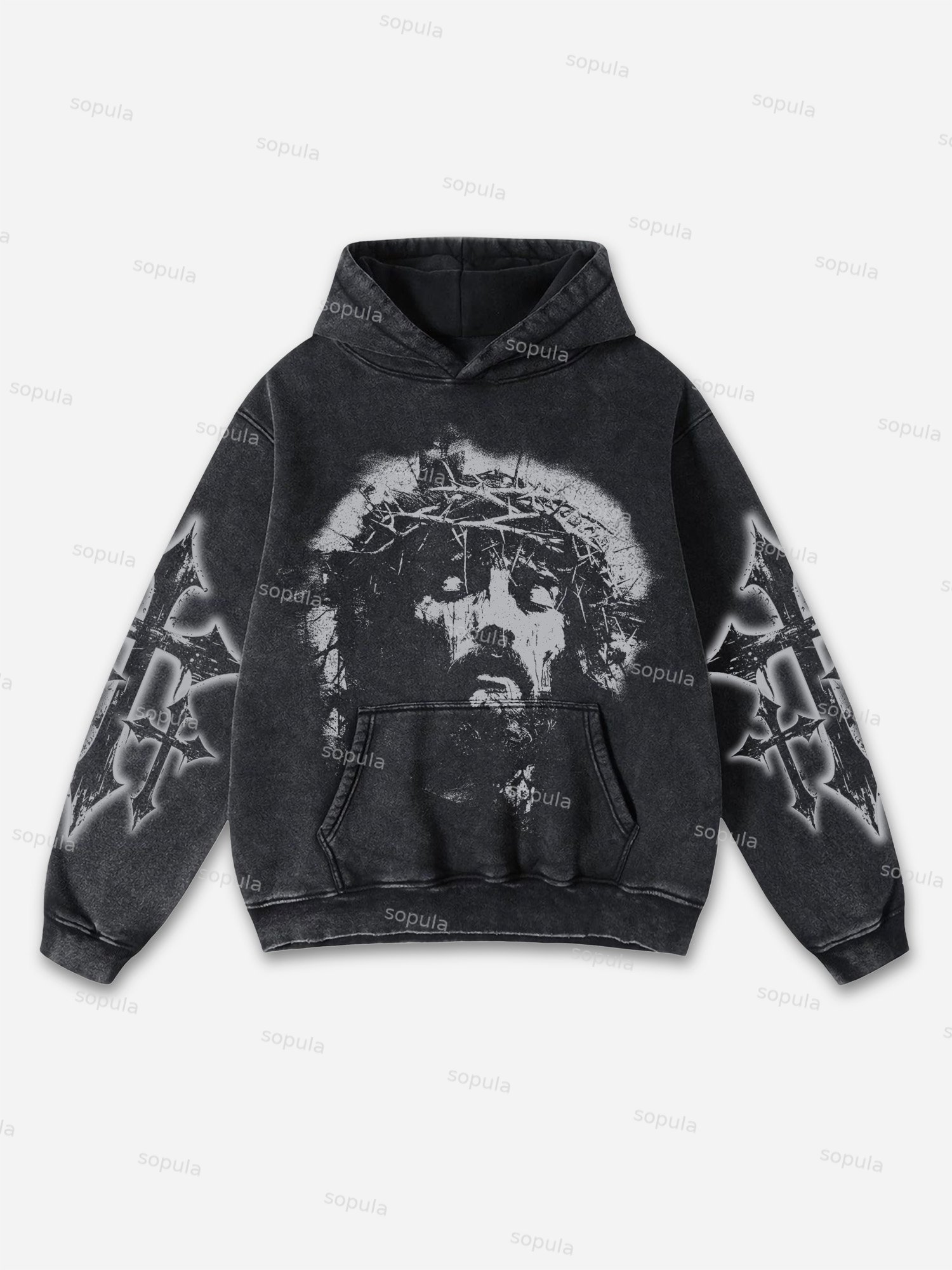 Vintage Jesus Print Graphic Acid Washed Oversized Hoodie
