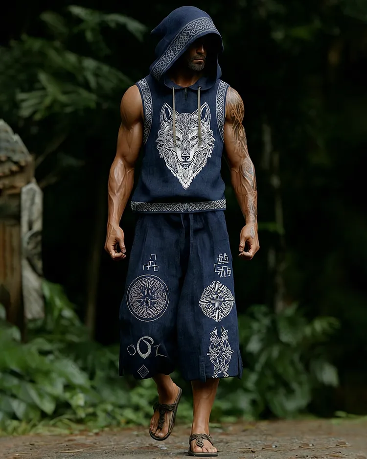 Men's Viking Color-Block Linen Sleeveless Hooded Top and Pants Two-Piece Set 3839
