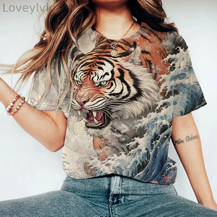 Women‘s Tiger Art Print Short Sleeve Casual T-Shirt