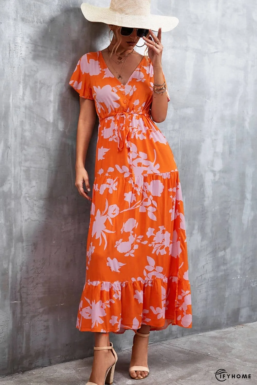 Floral Buttoned Drawstring Waist Tiered Dress | IFYHOME