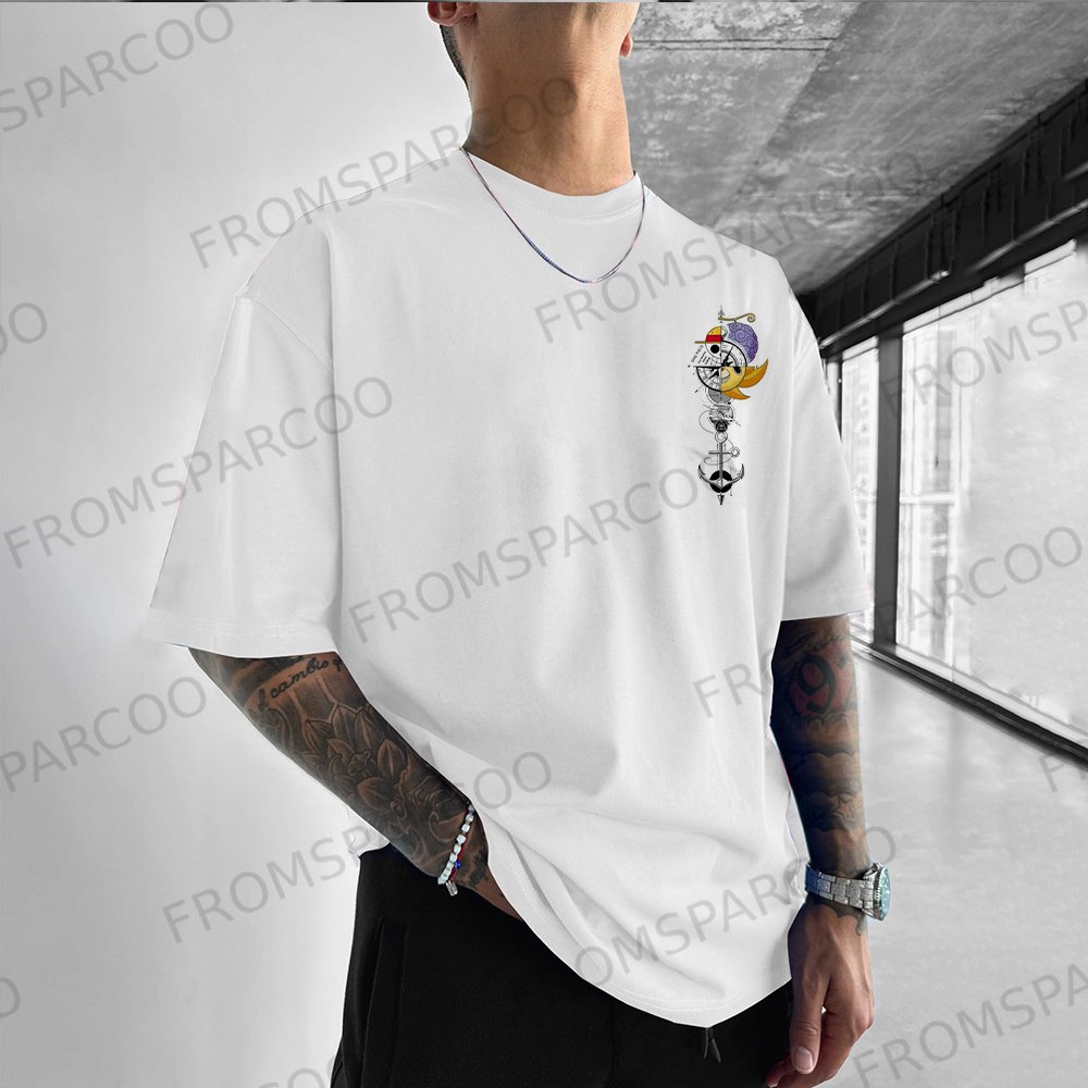 Men's Fashionable Tattoo Printed Drop Shoulder T-Shirt