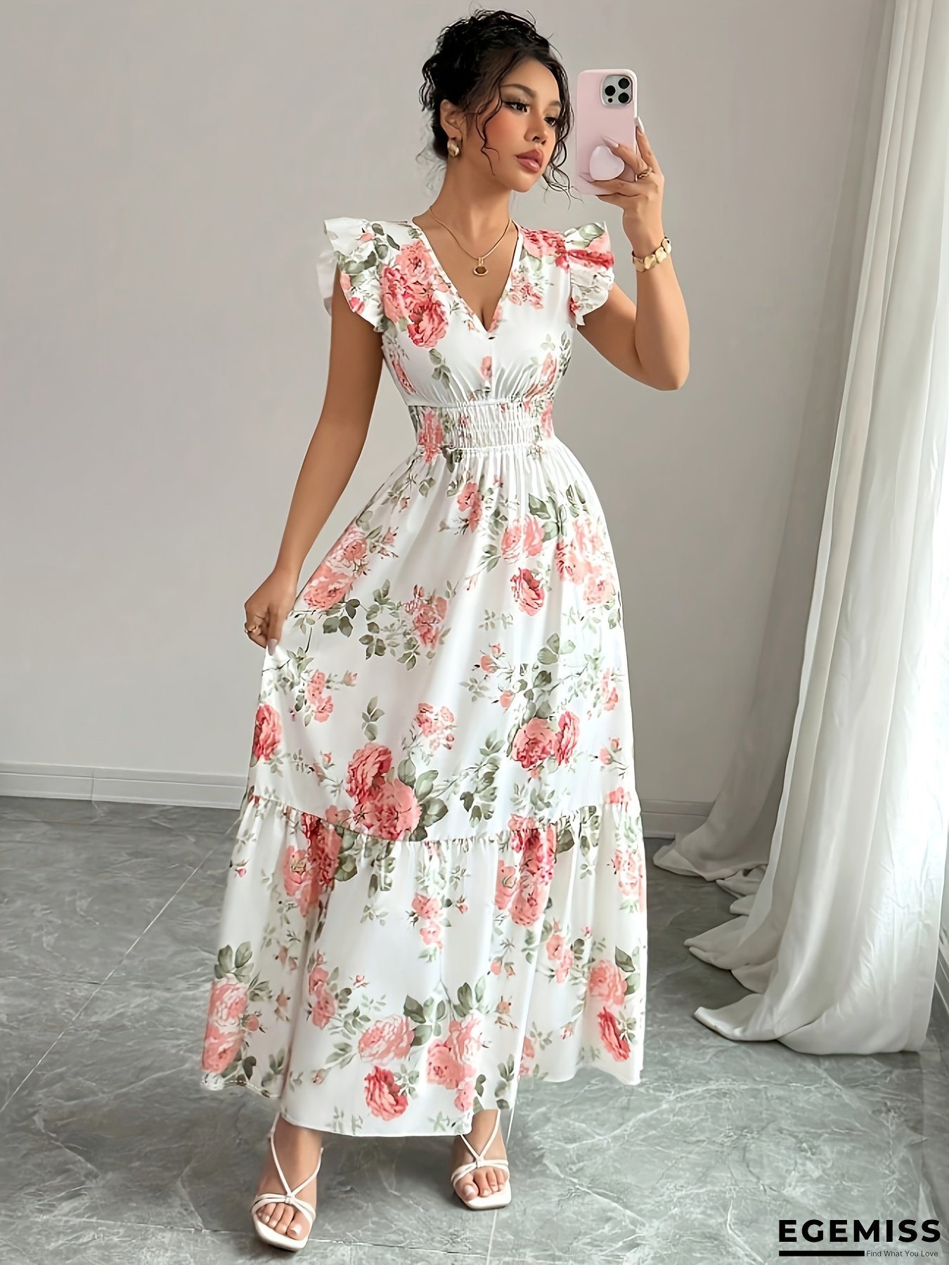 Women's Elegant Floral Print A-Line Maxi Dress - Flowy Formal & Casual Event Gown, Machine Washable Floral Dress For Wedding, Party, Everyday Outfits - Women's Floral Dress, Wedding Attire, Fitted Waistband | EGEMISS