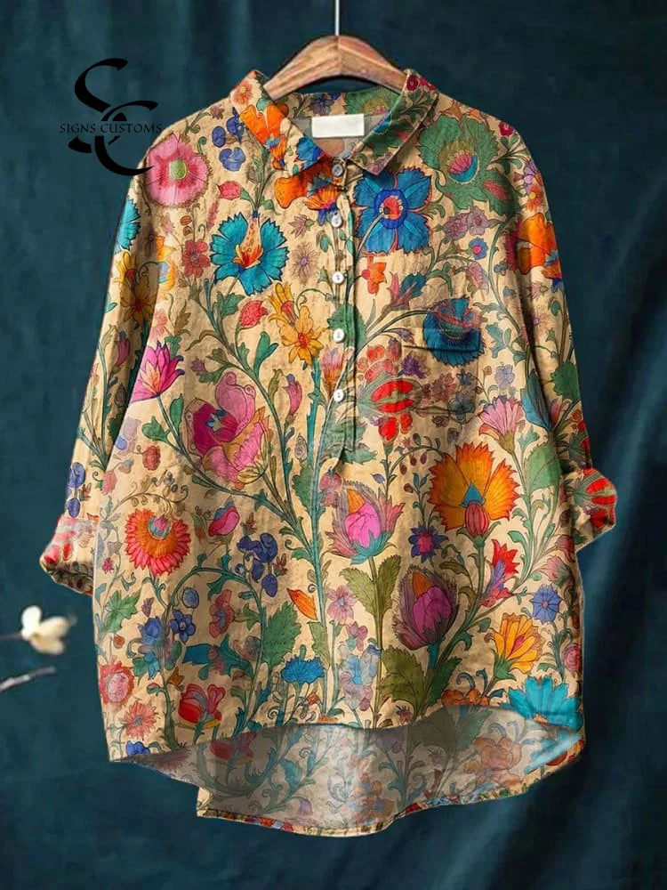 Women's Vintage Indian Folk Floral Art Print Casual Cotton And Linen Shirt