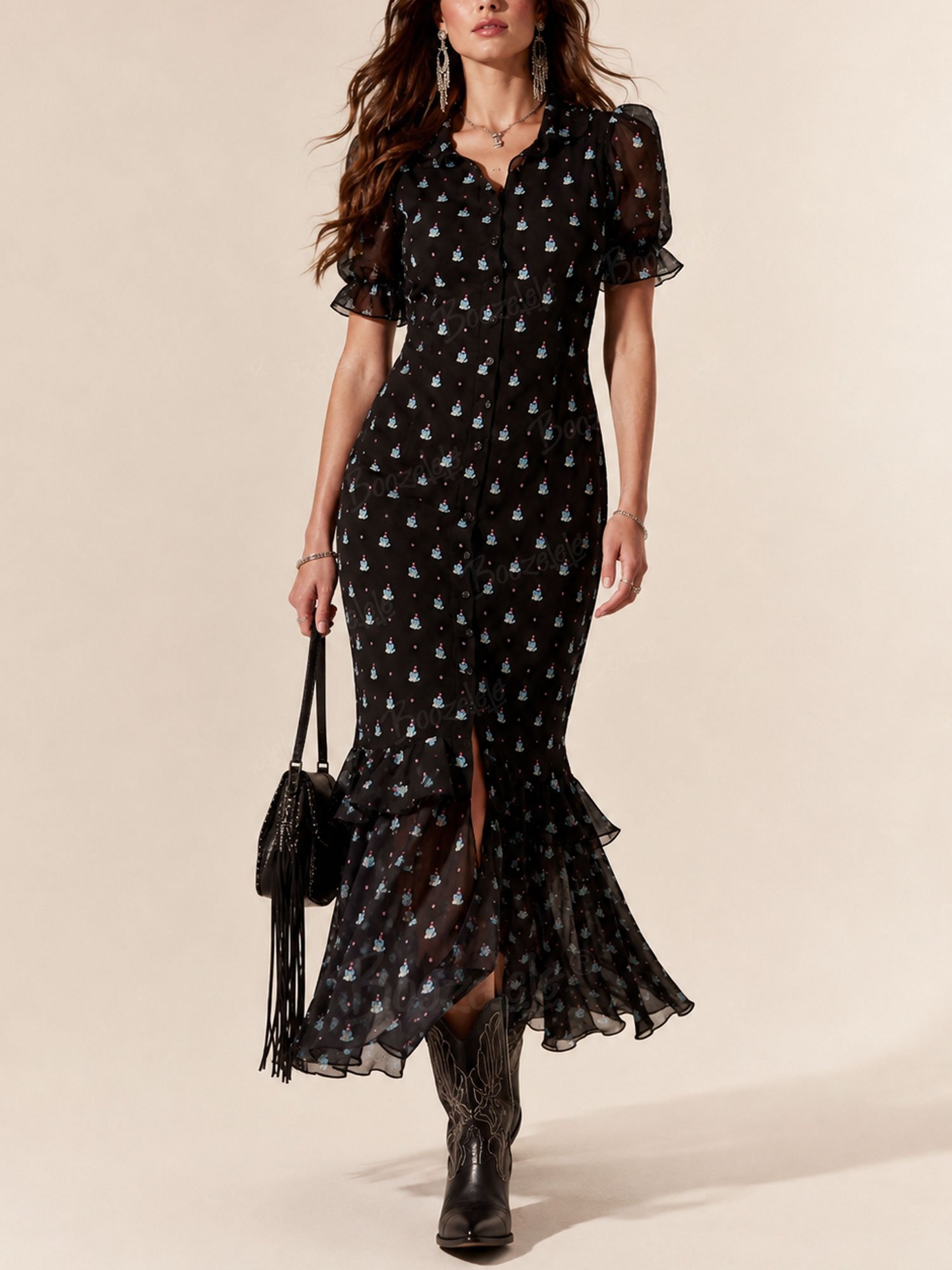 Modern Boho's Autumn Love Letter &mdash; 2026 S/W, Black Floral, Sheer Mesh Mermaid Dress, Premium Boho Chic Style Maxi Dress