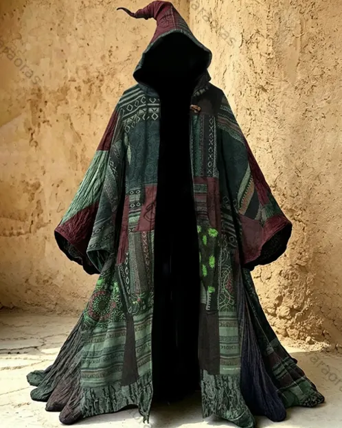 Men's Summer Fashion Boho-Style Embroidered Linen Hooded Cape 1085