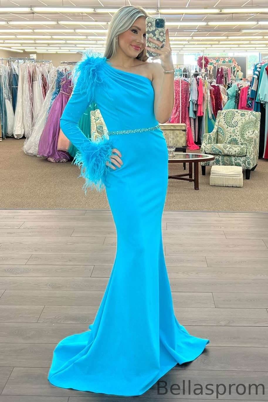 Bellasprom Ocean Blue One Shoulder Long Sleeve Mermaid Prom Dress With Feathers Bellasprom