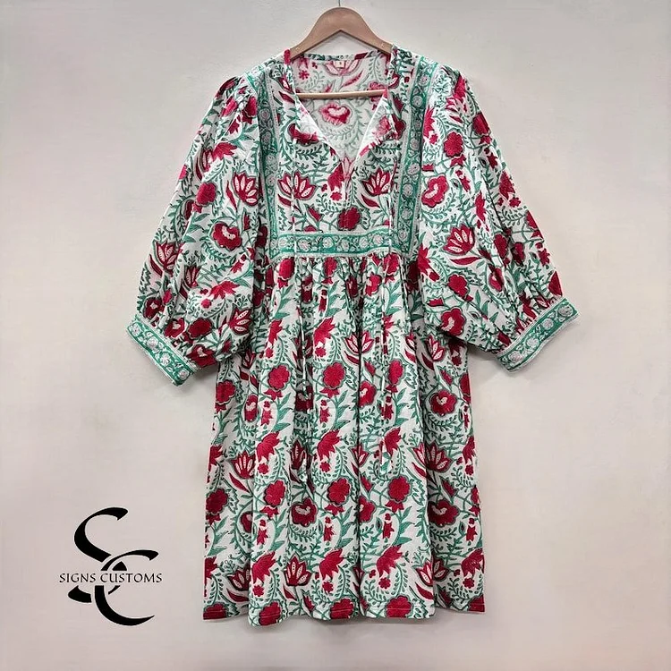 Floral Hand Block Print Soft Cotton Summer Woman Midi Dress &ndash; Tunic for Women with String Closure