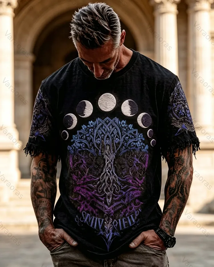 Men's Summer Style Star and Moon Print Embroidered Casual Fashion Linen Short-Sleeve Top 8750