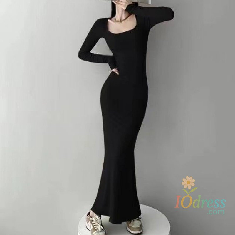 IO Dress Women Spring Autumn Style Long Sleeve low cut Collar Solid Color Mermaid Sexy Dress IO Dress