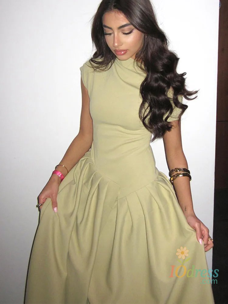 IO Dress DSMTRC 2024 New Casual Office Lady Vestidos Streetwear Elegant Green Diagonal Collar Pleated Short Sleeve Patchwork Chic Dress