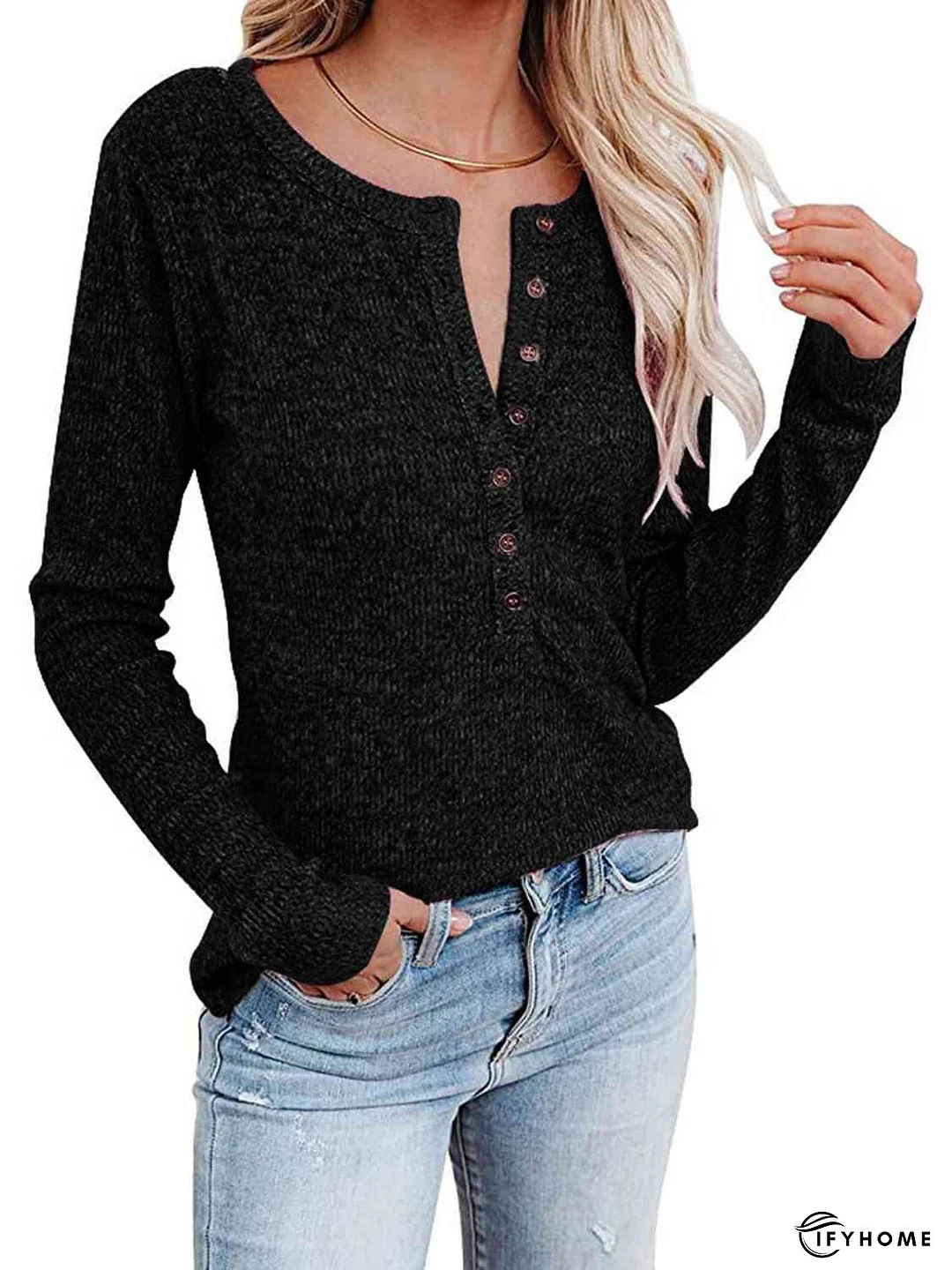 Round Neck Buttoned Long Sleeve T-Shirt | IFYHOME