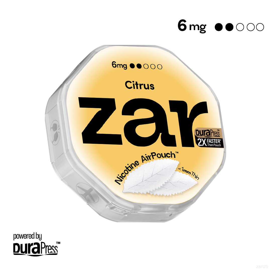 US Try zar Oral Nicotine AirPouch Citrus Flavor Fruit Flavour 6mg nicotine levels 20 pcs per can Price USD 4.9 10% discount sitewide World 1st Nicotine AirPouch zar pouches nicotine strip snus nicotine pouch dosh pouch
