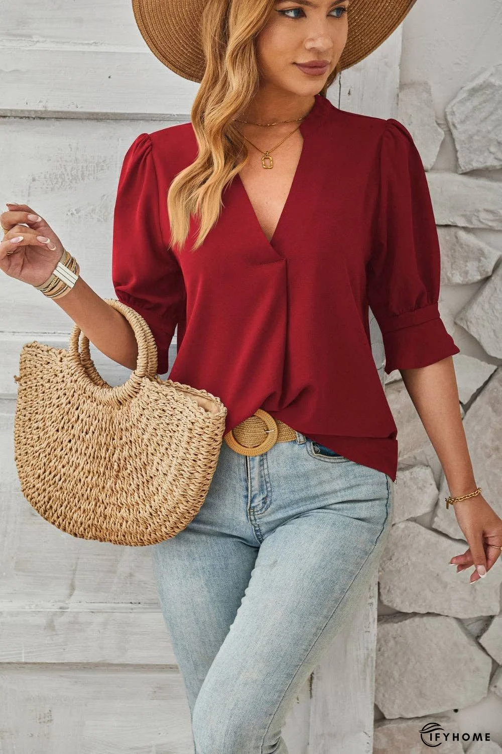 Notched Half Sleeve Blouse | IFYHOME