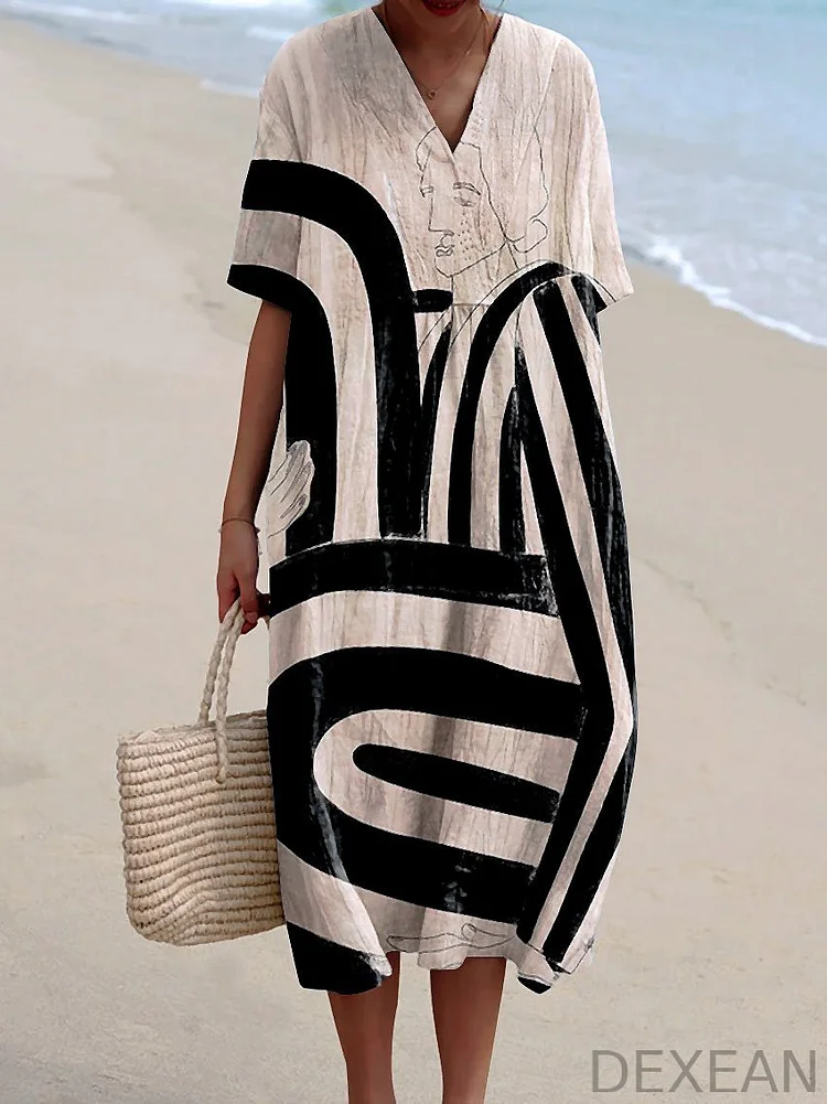 Women's Abstract People Minimalist Art Print Flowy Dress