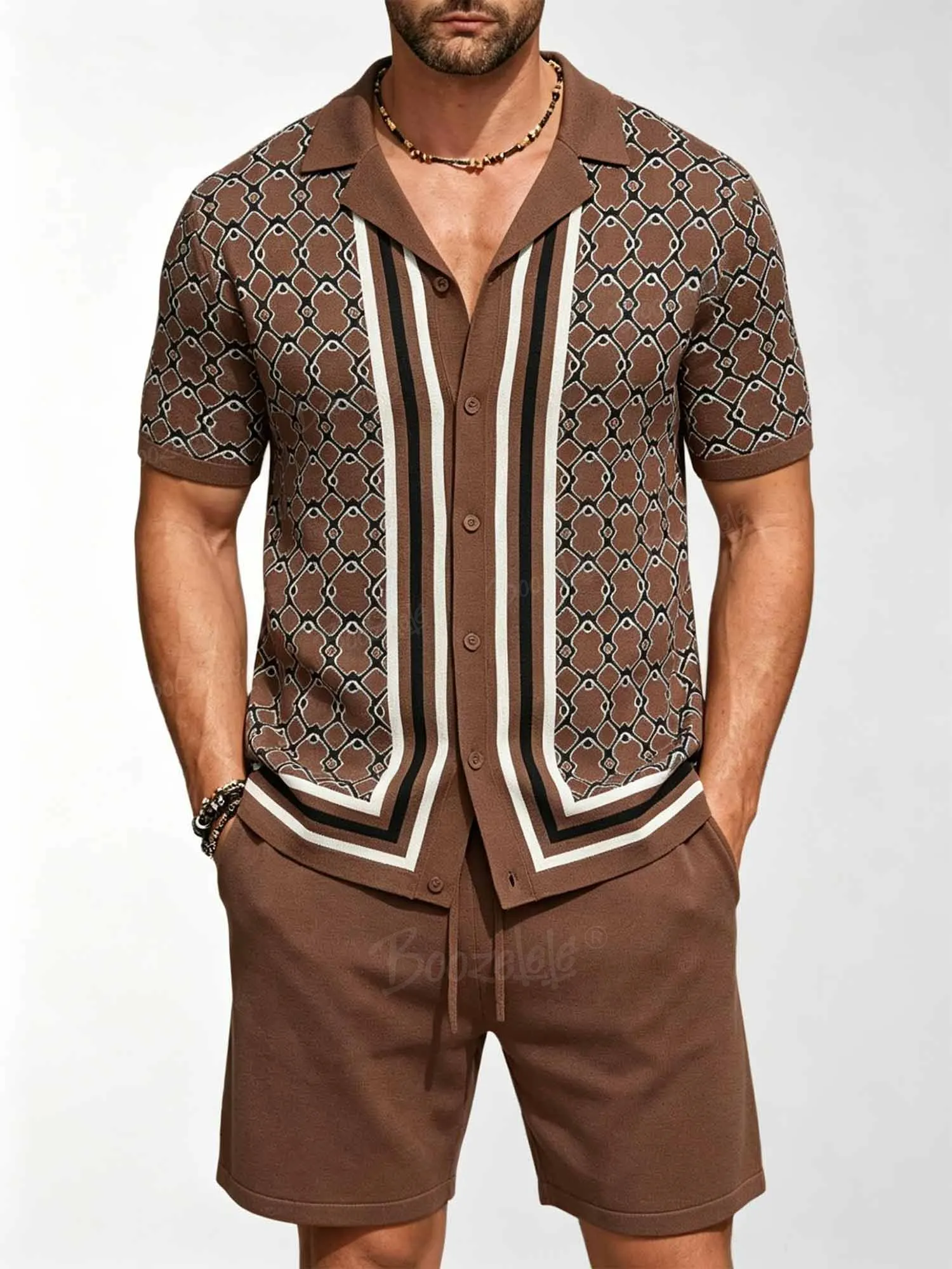 Men Geometric Jacquard Knit Short Sleeve Shirt Drawstring Shorts Two Piece Set