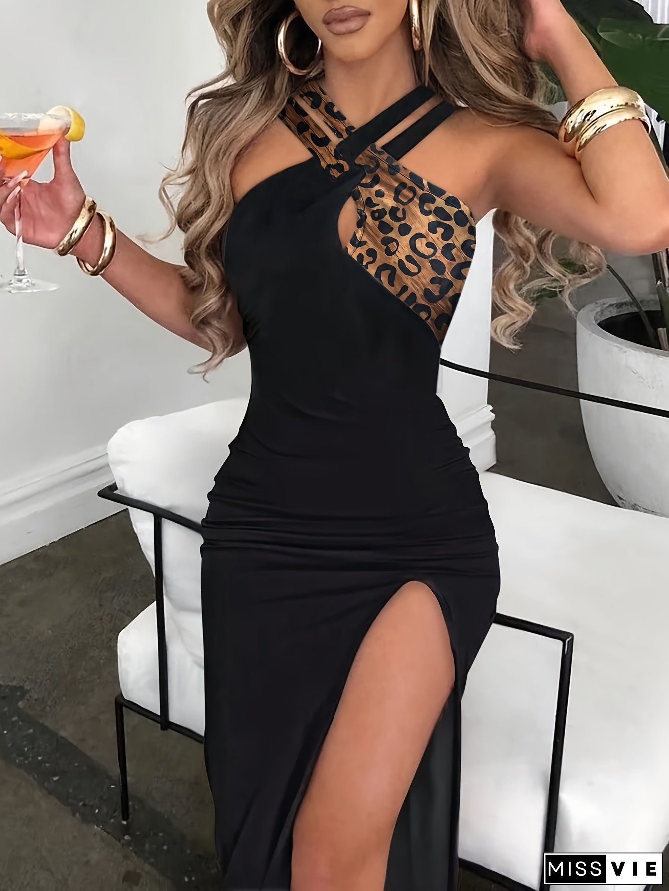 [Leopard Dress] Leopard Print Elegant Halter Neck Dress | Polyester, Black With Golden Accents, Machine Washable, Summer Evening Gown For Women