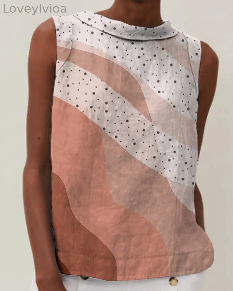 Vintage Abstract Art Print Crew Neck Sleeveless Top