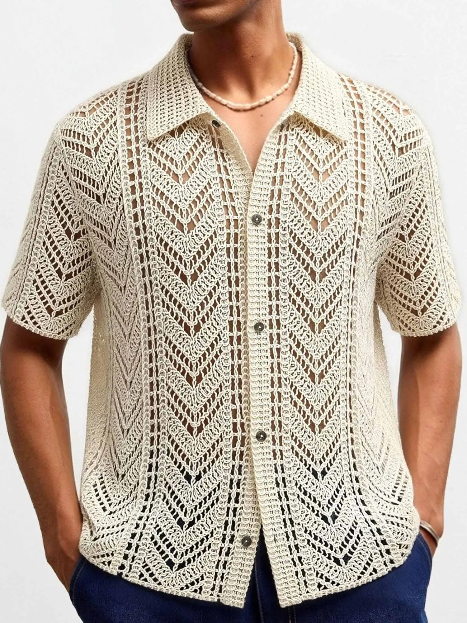 Summer Beach See Through Hollow Knit Full Front Button Resort Shirt