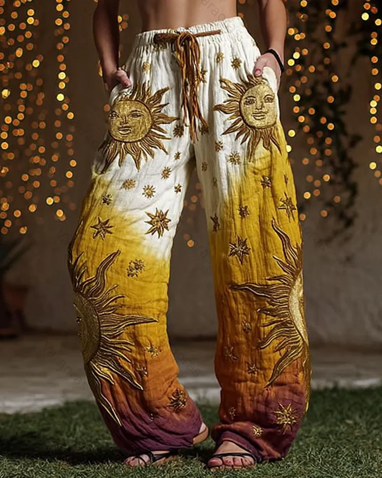 Star And Moon Themed Embroidery Gradient Trousers  9630