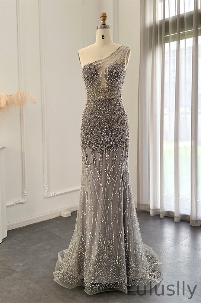 Luluslly Mermaid Evening Dress With Split Sleeveless Pearls Zipper Back One Shoulder