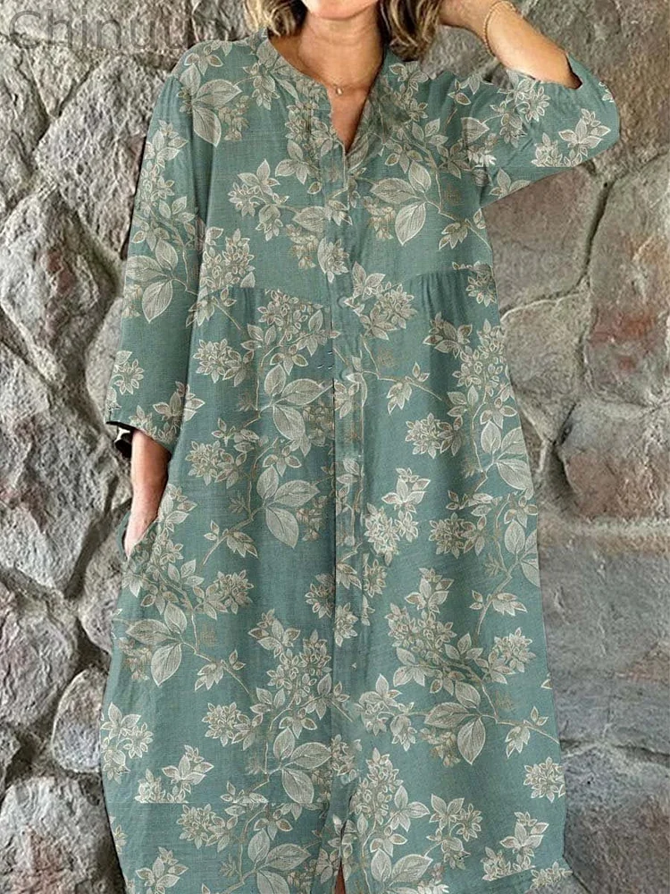 WWomen's Elegant Simple Shirt Style Cotton and Linen Dress with Decorative Floral Print