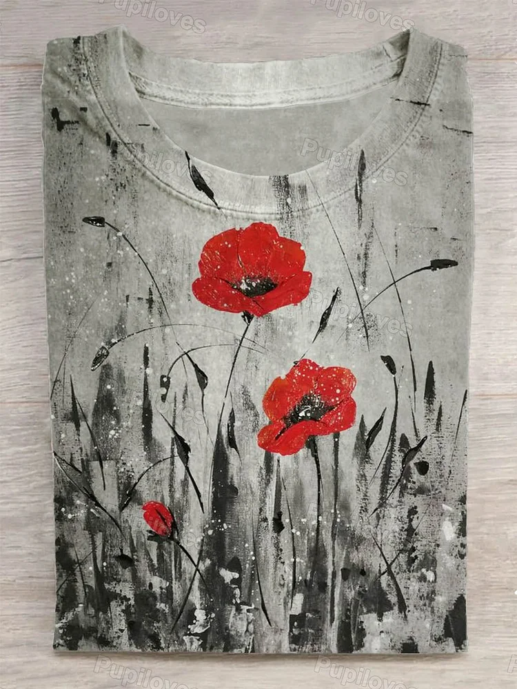 Pupiloves Pupiloves  Unisex Poppy Flower Painting Abstract Print T-Shirt