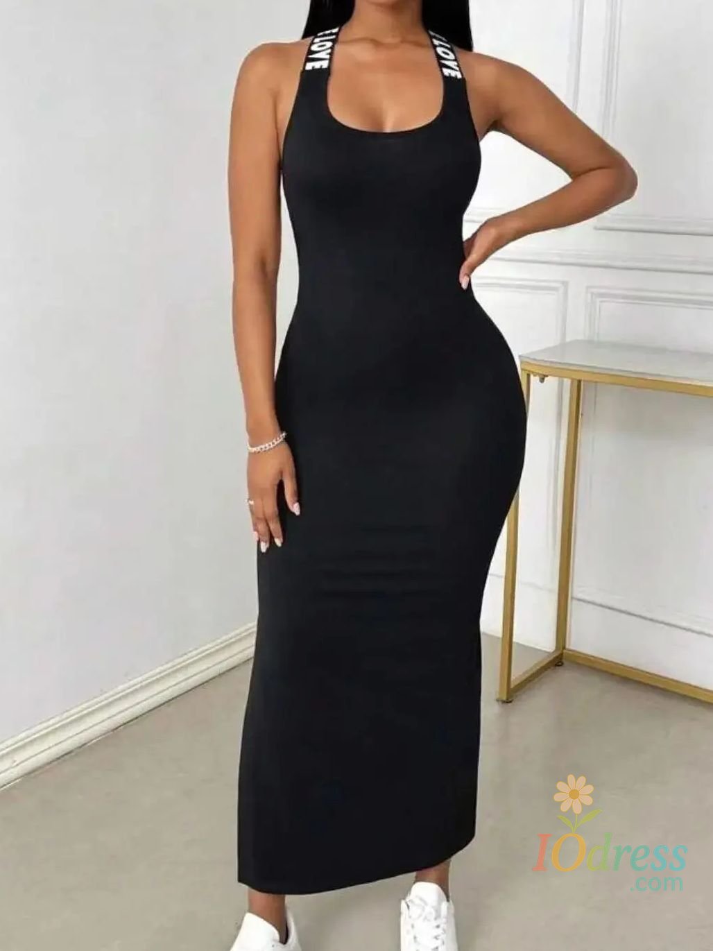 IO Dress European and American spring and summer personalized print woven belt backless sleeveless slim long slit dress IO Dress