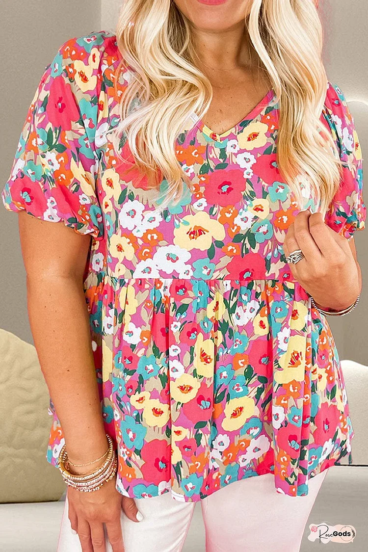 Peplum Floral V-Neck Short Sleeve Blouse
