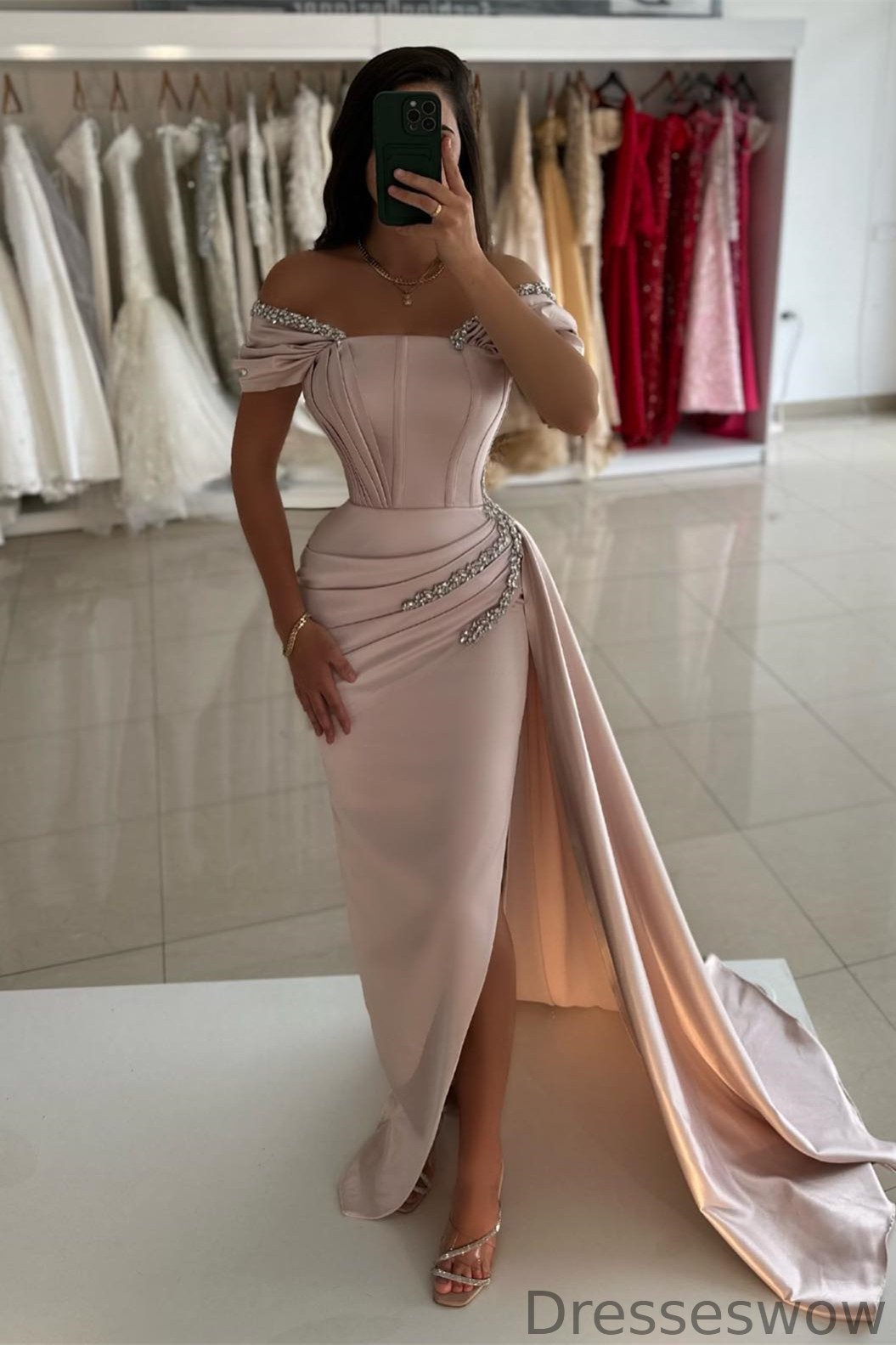Dresseswow Blushing Pink Mermaid Prom Gown With Split Ruffles Beads Off-The-Shoulder
