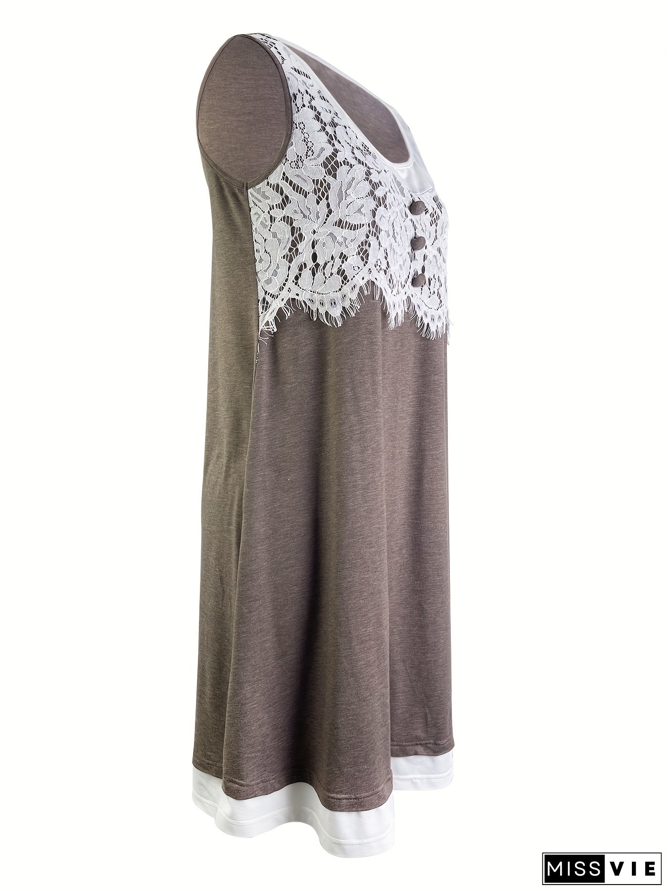 Women's Elegant Lace Trim Sleeveless Dress - Summer Round Neck A-Line Machine Washable Solid Color Casual To Semi-Formal Wear, Everyday Elegant Outfit, Delicate Detailing