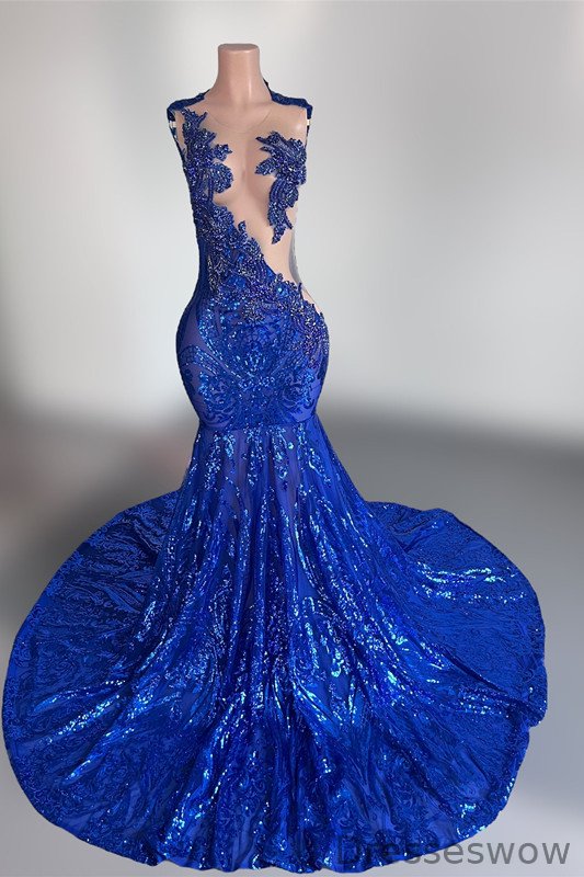 Dresseswow Royal Blue Sleeveless Mermaid Formal Dresses Scoop Sequins With Beadings