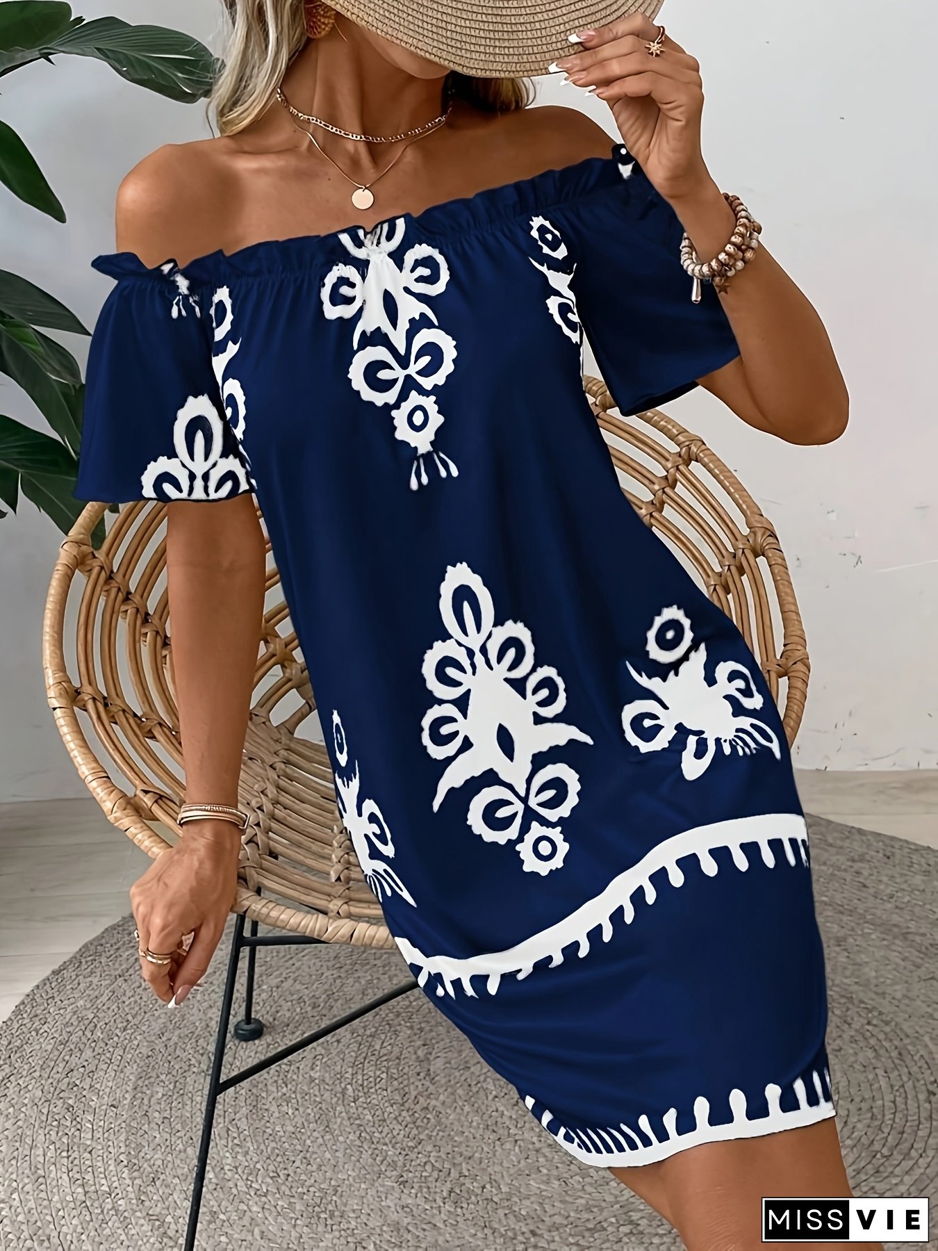 [Elegant Off-Shoulder Dress] Lightweight Polyester Blend Women's Off-Shoulder Dress | Paisley Print, Lace Trim, A-Line, Ruffled Sleeve - Elegant Ruffled Design for Spring Summer Parties, Beach Vacations & Holiday Gatherings