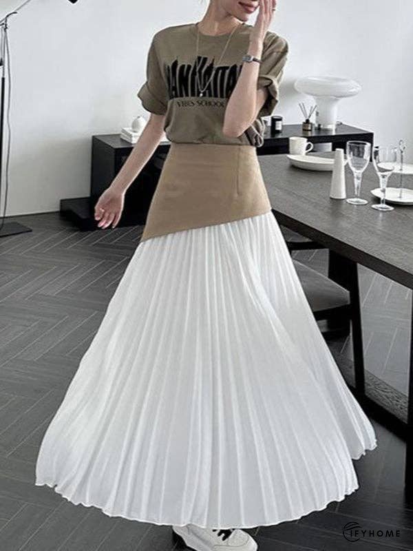 A-Line Loose Contrast Color Pleated Split-Joint Skirts Bottoms | IFYHOME