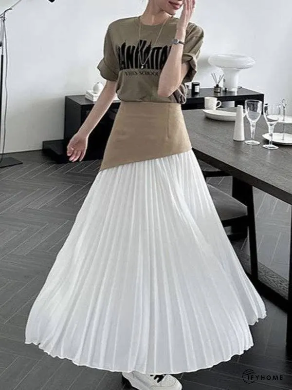 A-Line Loose Contrast Color Pleated Split-Joint Skirts Bottoms | IFYHOME