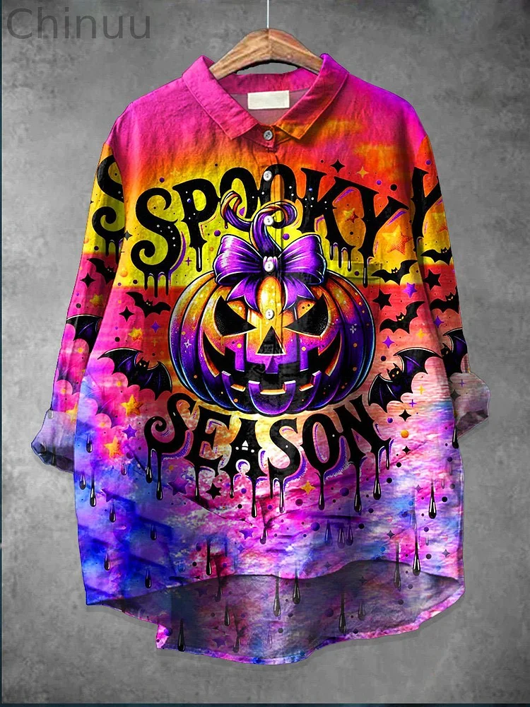 Women's  Spooky Season Halloween   Art  Print Casual Cotton And Linen Shirt