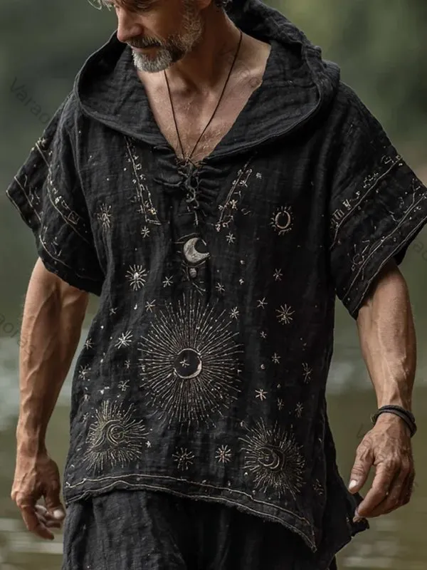 Men's Hippie Star And Moon Boho Pattern Casual Hooded T-Shirt e5ed