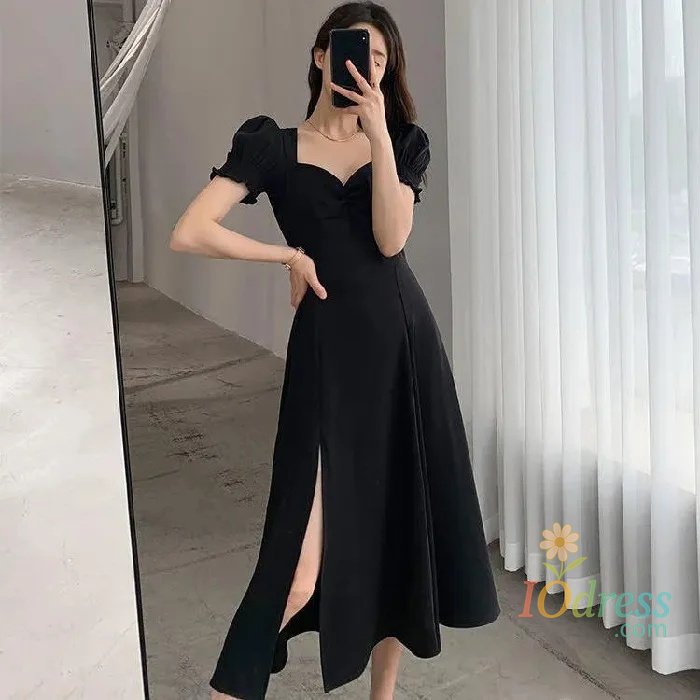 IO Dress Summer Hot Sale Of The Season Women's Long Dress Hepburn Style Sweet Retro French A- Line Slit Skirt Bubble Sleeve Square Collar