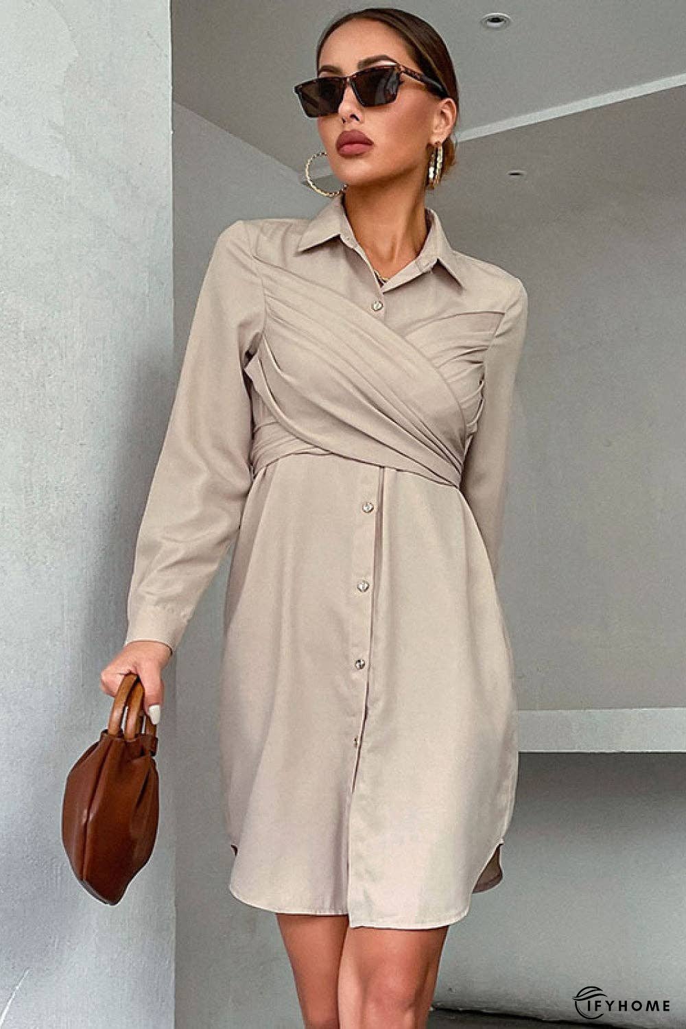 Crisscross Tie-Back Curved Hem Shirt Dress | IFYHOME