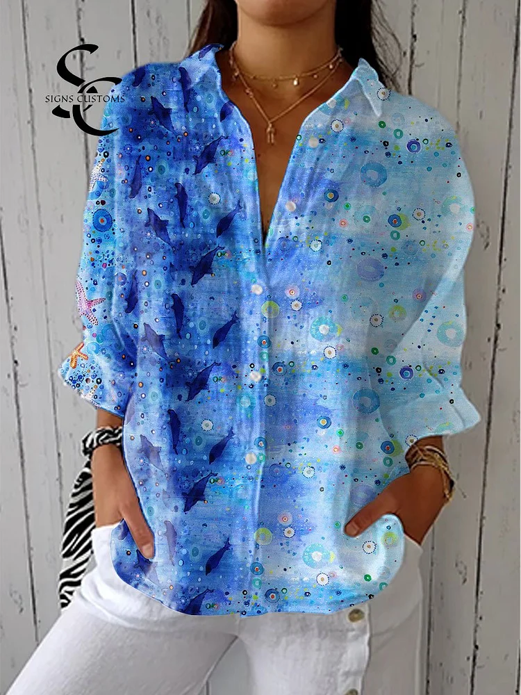 Women's Vintage Blue Ocean Art Print Casual Linen V-neck Shirt