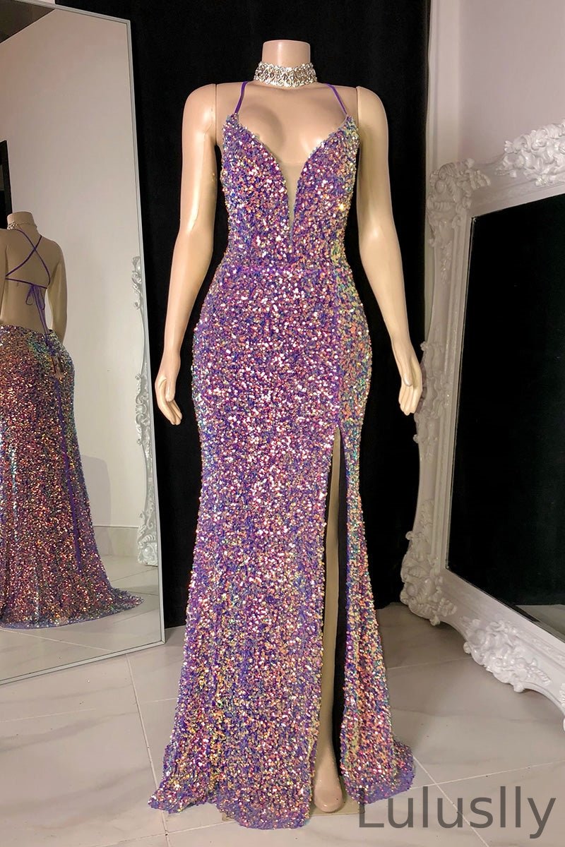Luluslly Halter Sequins Mermaid Prom Dress Sleeveless Long Split On Sale