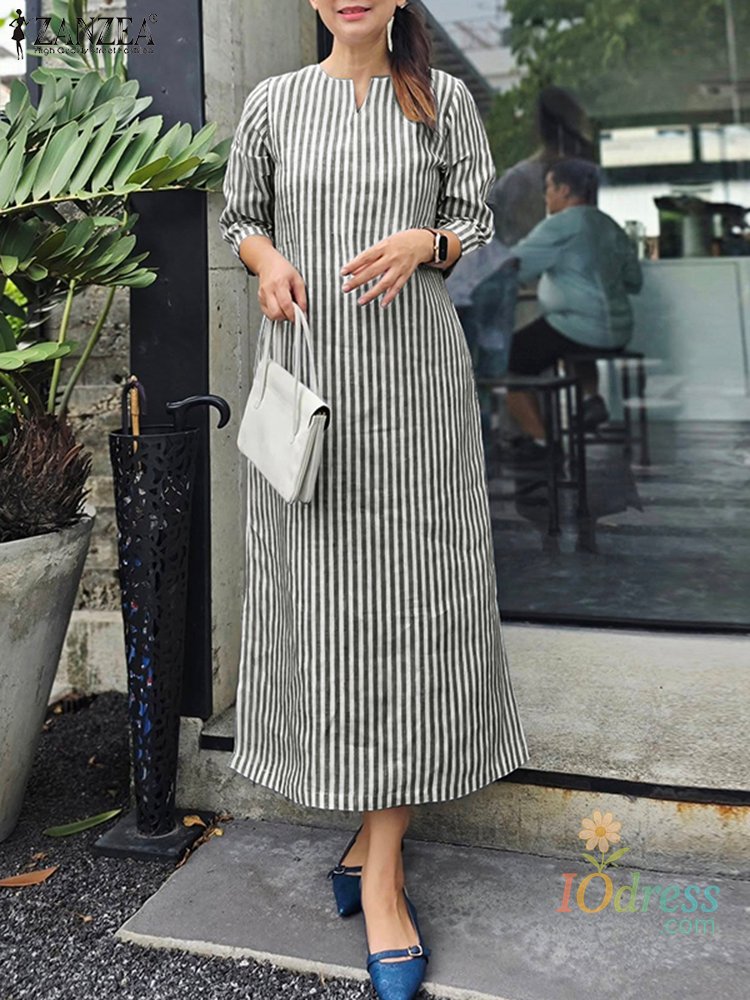 IO Dress 2025 Autumn Striped Dresses ZANZEA Fashion Women V Neck Long Sleeve Work Dress Elegant Office OL Sundress Maxi Long Vestido Robe IO Dress