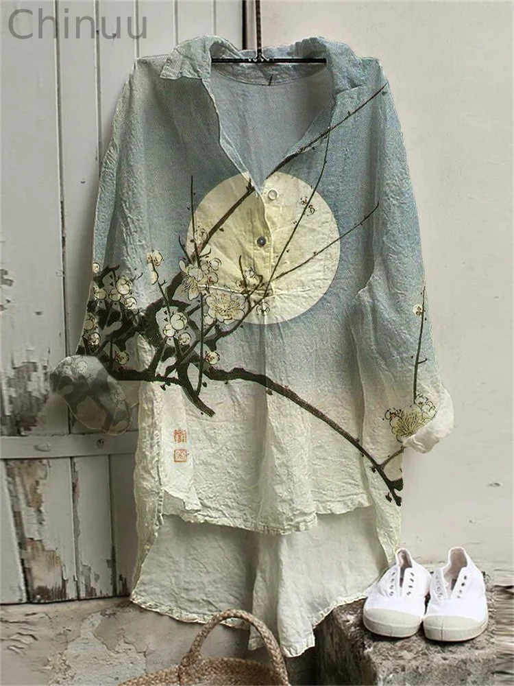 Plum Blossom Full Moon Night Japanese Art High Low Tunic